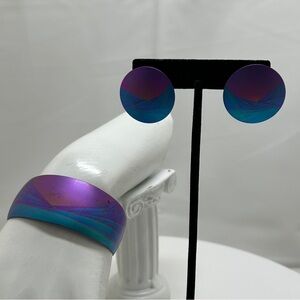 Vintage Blue & Purple Anodized Aluminum Cuff Bracelet & Earring Set, Jewel Tones